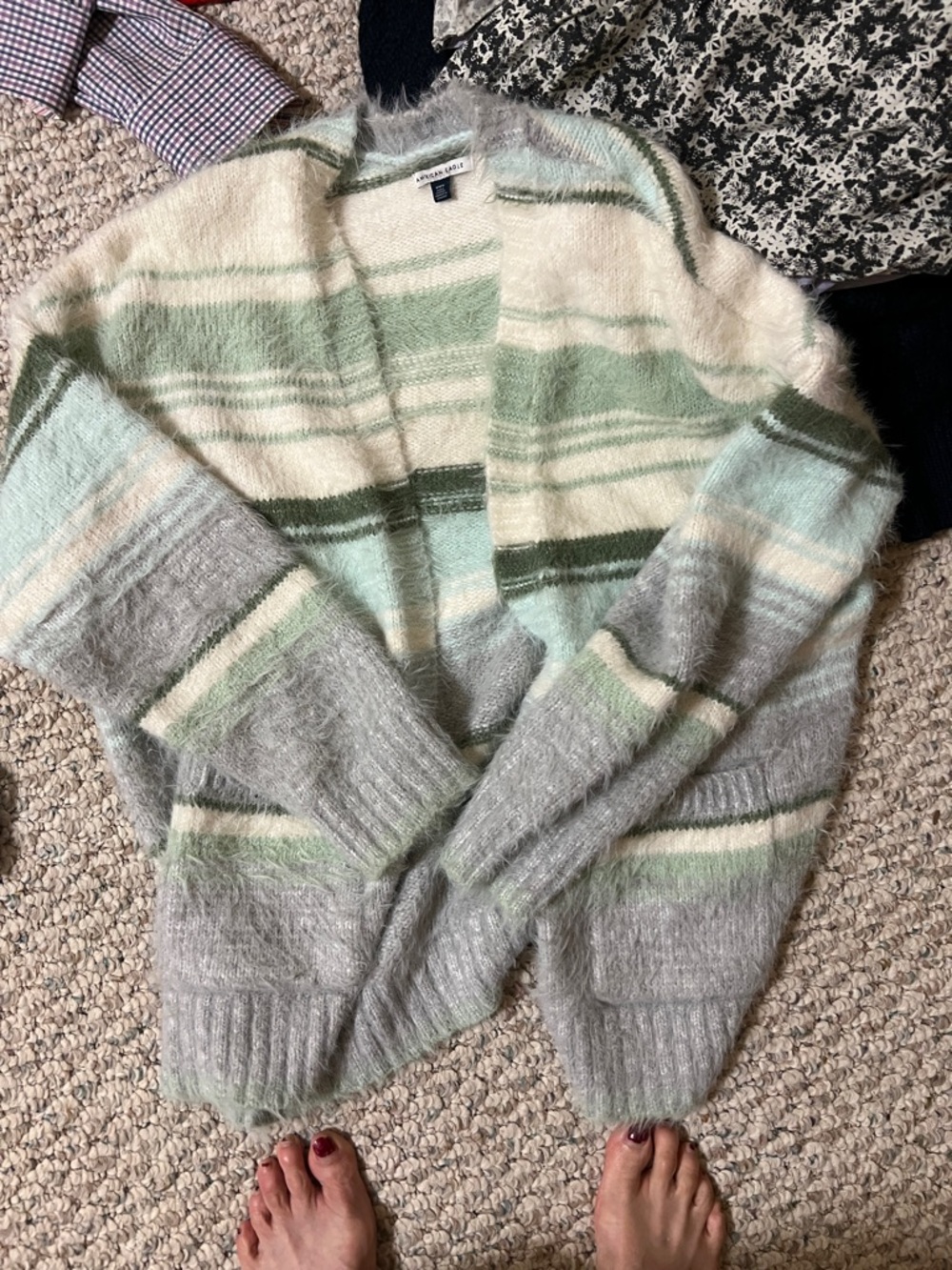 Cozy Striped Open-Front Sweater Cardigan - Mint & Gray